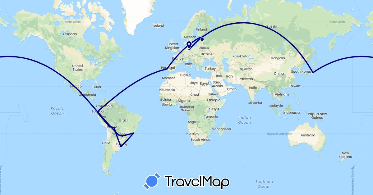 TravelMap itinerary: driving in Bolivia, Brazil, Germany, Ecuador, Estonia, Japan, Mexico, Portugal, Paraguay, United States, Uruguay (Asia, Europe, North America, South America)